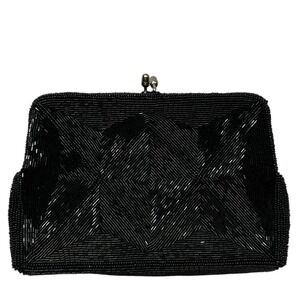 Vintage SHARONEE Black Beaded Clutch Kiss Lock Made in Japan 5" x 7" Formal